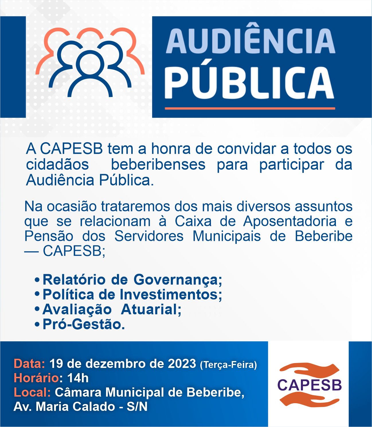 A CAPESB realizará Audiência Pública no dia 19 de dezembro de 2023 para todos os cidadãos beberibenses.